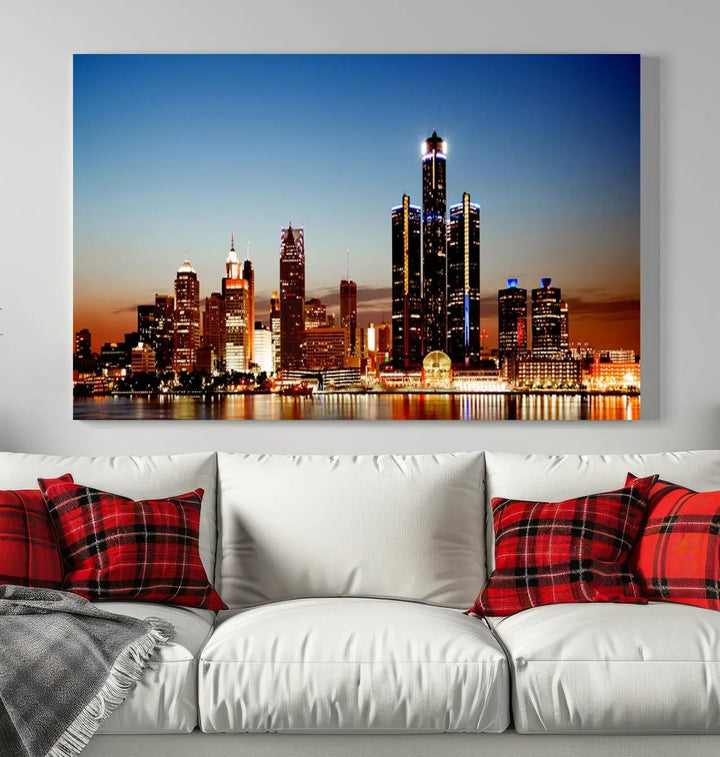 The "Detroit City Lights Sunset Skyline Cityscape View Wall Art Canvas Print," a museum-quality piece with a UV-protective coating, is displayed in this modern living room.