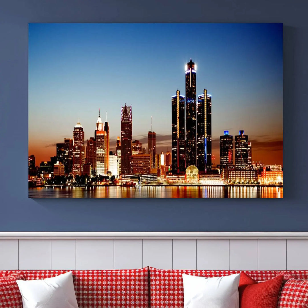 The "Detroit City Lights Sunset Skyline Cityscape View Wall Art Canvas Print," a museum-quality piece with a UV-protective coating, is displayed in this modern living room.