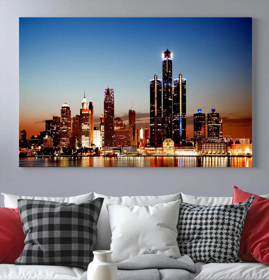 The "Detroit City Lights Sunset Skyline Cityscape View Wall Art Canvas Print," a museum-quality piece with a UV-protective coating, is displayed in this modern living room.