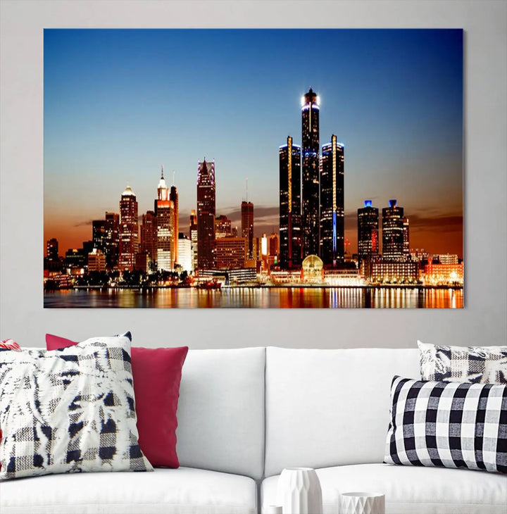 The "Detroit City Lights Sunset Skyline Cityscape View Wall Art Canvas Print," a museum-quality piece with a UV-protective coating, is displayed in this modern living room.