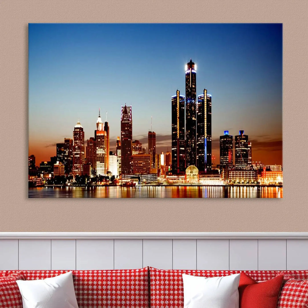 The "Detroit City Lights Sunset Skyline Cityscape View Wall Art Canvas Print," a museum-quality piece with a UV-protective coating, is displayed in this modern living room.