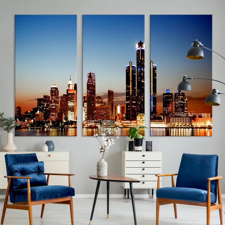 The "Detroit City Lights Sunset Skyline Cityscape View Wall Art Canvas Print," a museum-quality piece with a UV-protective coating, is displayed in this modern living room.