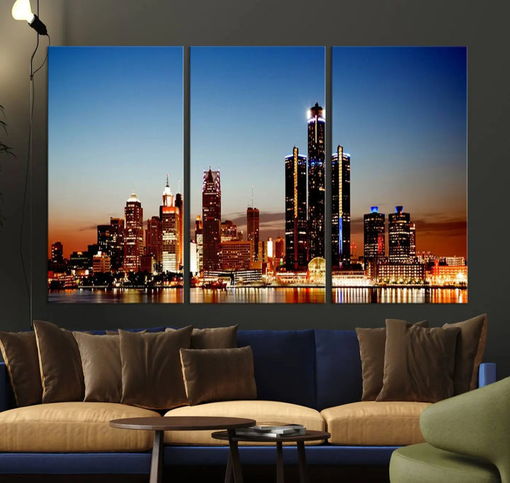 The "Detroit City Lights Sunset Skyline Cityscape View Wall Art Canvas Print," a museum-quality piece with a UV-protective coating, is displayed in this modern living room.