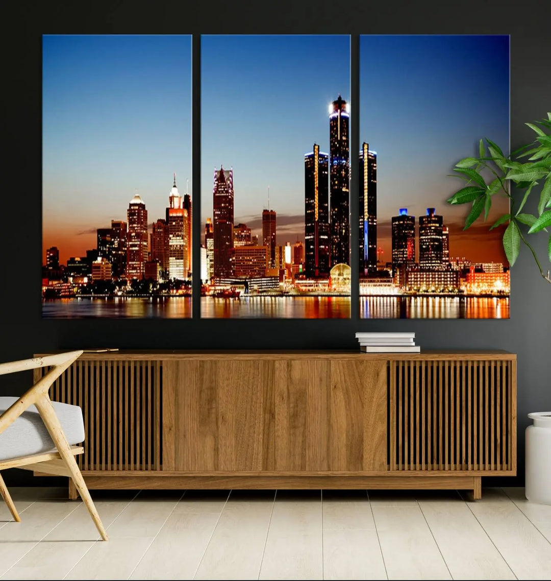 The "Detroit City Lights Sunset Skyline Cityscape View Wall Art Canvas Print," a museum-quality piece with a UV-protective coating, is displayed in this modern living room.