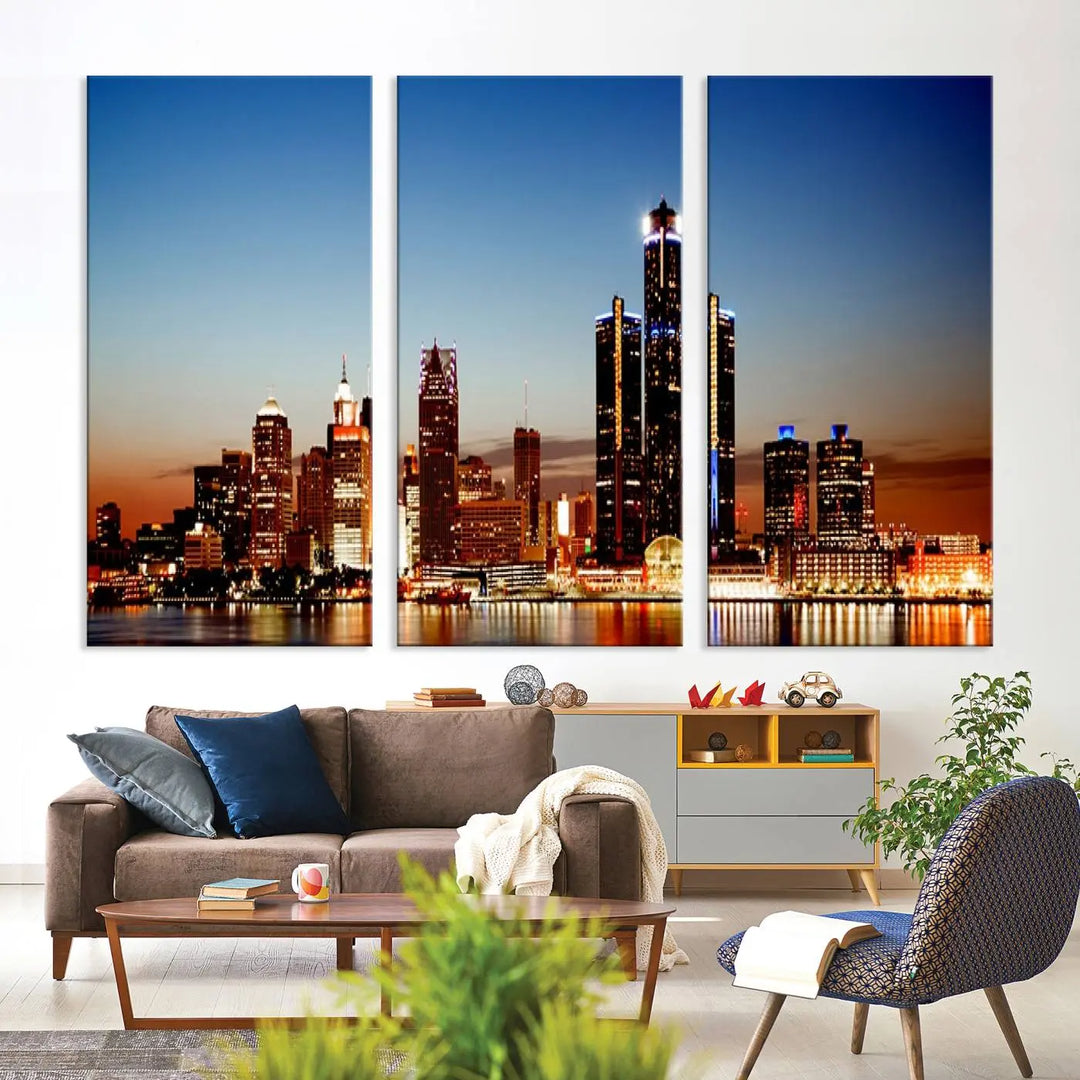 The "Detroit City Lights Sunset Skyline Cityscape View Wall Art Canvas Print," a museum-quality piece with a UV-protective coating, is displayed in this modern living room.