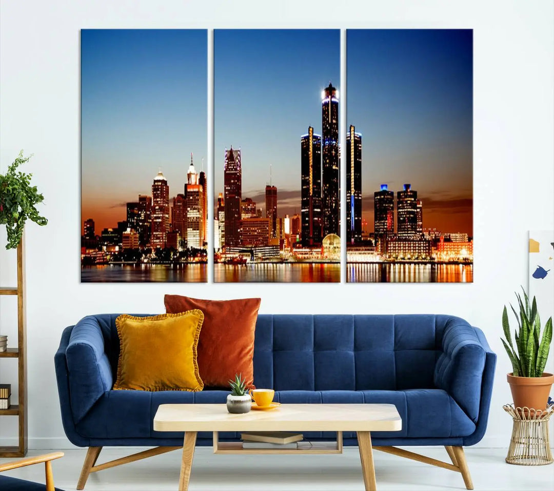 The "Detroit City Lights Sunset Skyline Cityscape View Wall Art Canvas Print," a museum-quality piece with a UV-protective coating, is displayed in this modern living room.