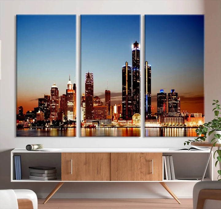 The "Detroit City Lights Sunset Skyline Cityscape View Wall Art Canvas Print," a museum-quality piece with a UV-protective coating, is displayed in this modern living room.