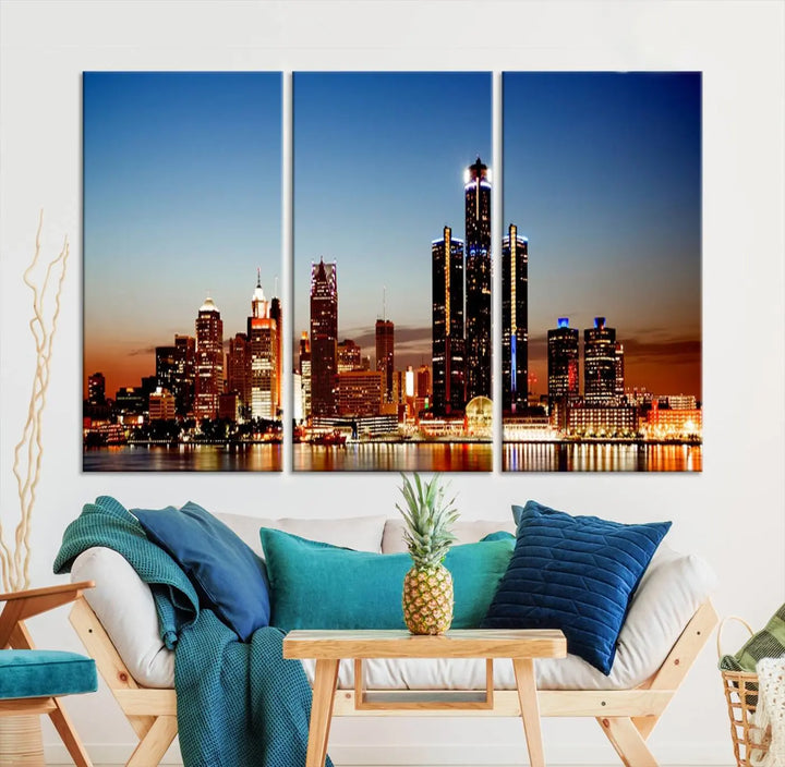 The "Detroit City Lights Sunset Skyline Cityscape View Wall Art Canvas Print," a museum-quality piece with a UV-protective coating, is displayed in this modern living room.