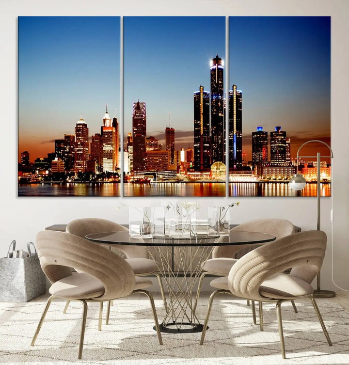 The "Detroit City Lights Sunset Skyline Cityscape View Wall Art Canvas Print," a museum-quality piece with a UV-protective coating, is displayed in this modern living room.