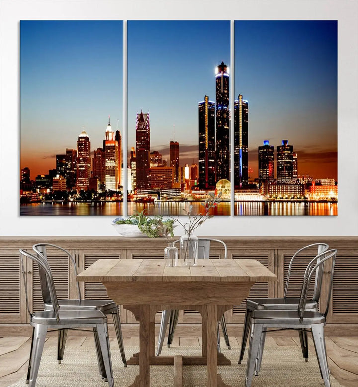 The "Detroit City Lights Sunset Skyline Cityscape View Wall Art Canvas Print," a museum-quality piece with a UV-protective coating, is displayed in this modern living room.