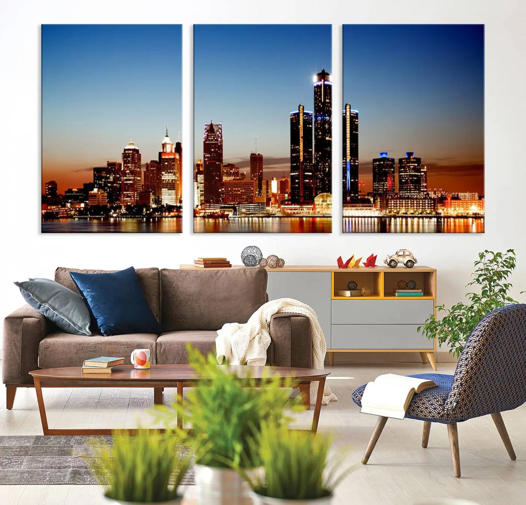 The "Detroit City Lights Sunset Skyline Cityscape View Wall Art Canvas Print," a museum-quality piece with a UV-protective coating, is displayed in this modern living room.