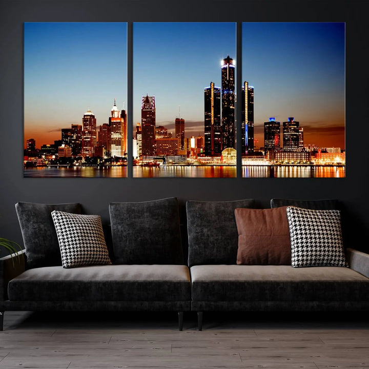 The "Detroit City Lights Sunset Skyline Cityscape View Wall Art Canvas Print," a museum-quality piece with a UV-protective coating, is displayed in this modern living room.