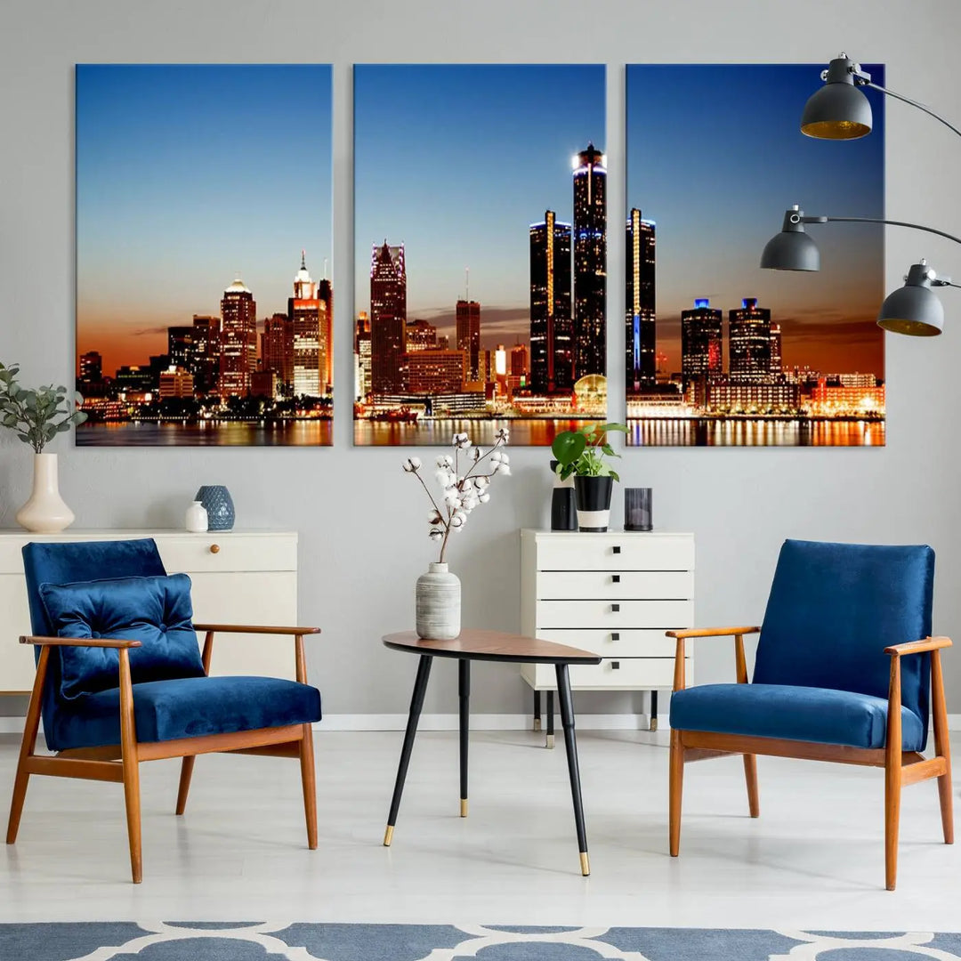 The "Detroit City Lights Sunset Skyline Cityscape View Wall Art Canvas Print," a museum-quality piece with a UV-protective coating, is displayed in this modern living room.