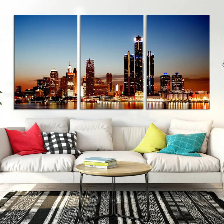 The "Detroit City Lights Sunset Skyline Cityscape View Wall Art Canvas Print," a museum-quality piece with a UV-protective coating, is displayed in this modern living room.