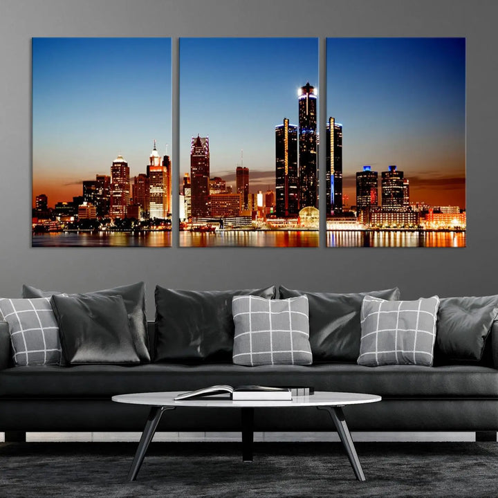 The "Detroit City Lights Sunset Skyline Cityscape View Wall Art Canvas Print," a museum-quality piece with a UV-protective coating, is displayed in this modern living room.