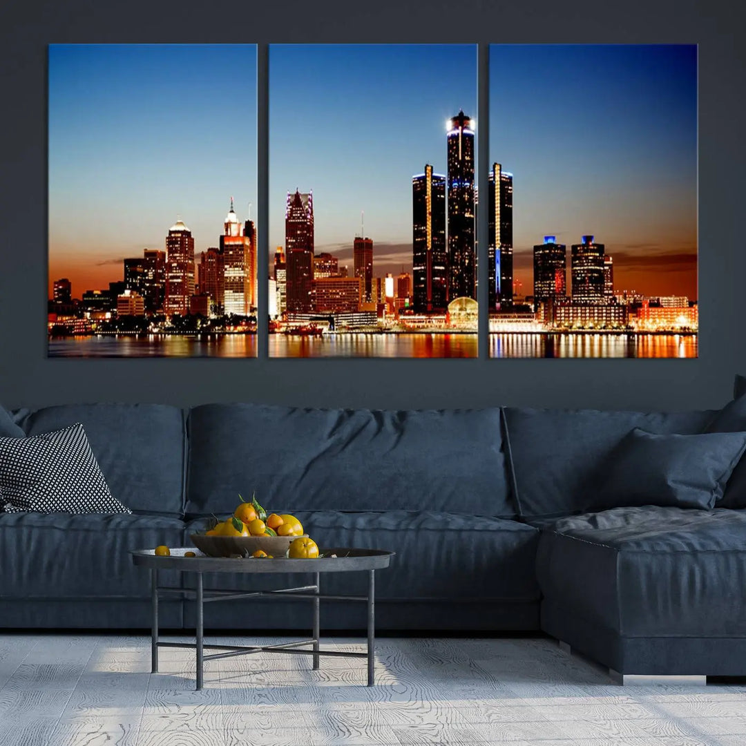 The "Detroit City Lights Sunset Skyline Cityscape View Wall Art Canvas Print," a museum-quality piece with a UV-protective coating, is displayed in this modern living room.