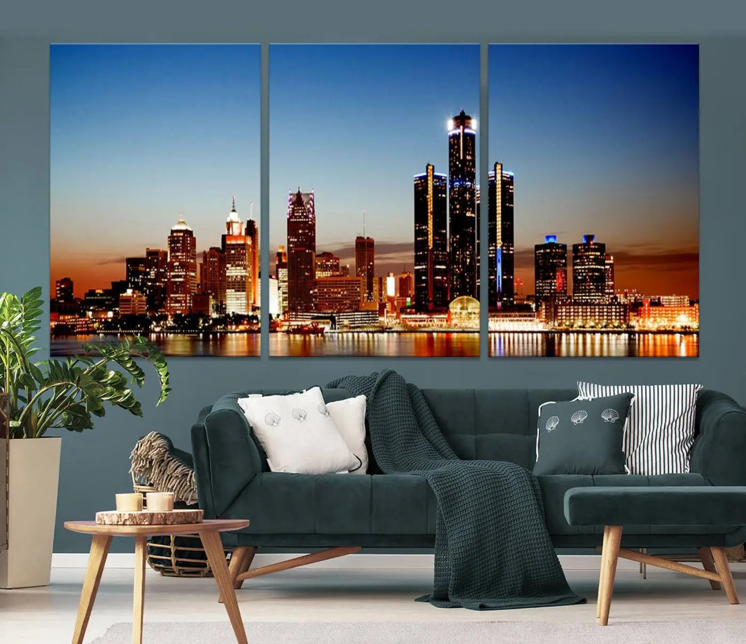 The "Detroit City Lights Sunset Skyline Cityscape View Wall Art Canvas Print," a museum-quality piece with a UV-protective coating, is displayed in this modern living room.