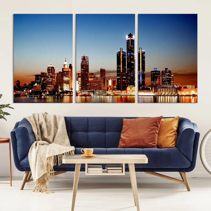 The "Detroit City Lights Sunset Skyline Cityscape View Wall Art Canvas Print," a museum-quality piece with a UV-protective coating, is displayed in this modern living room.