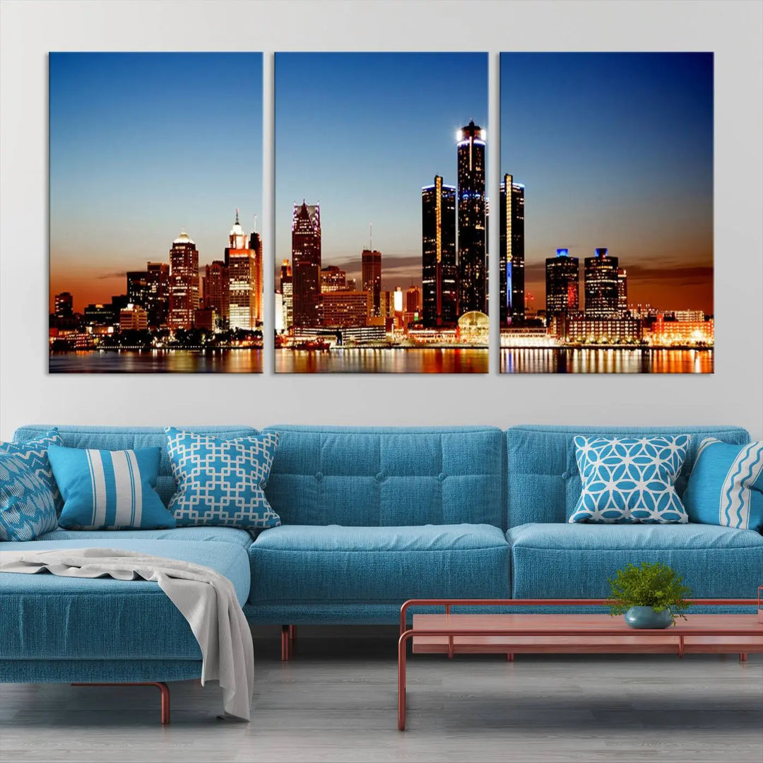 The "Detroit City Lights Sunset Skyline Cityscape View Wall Art Canvas Print," a museum-quality piece with a UV-protective coating, is displayed in this modern living room.