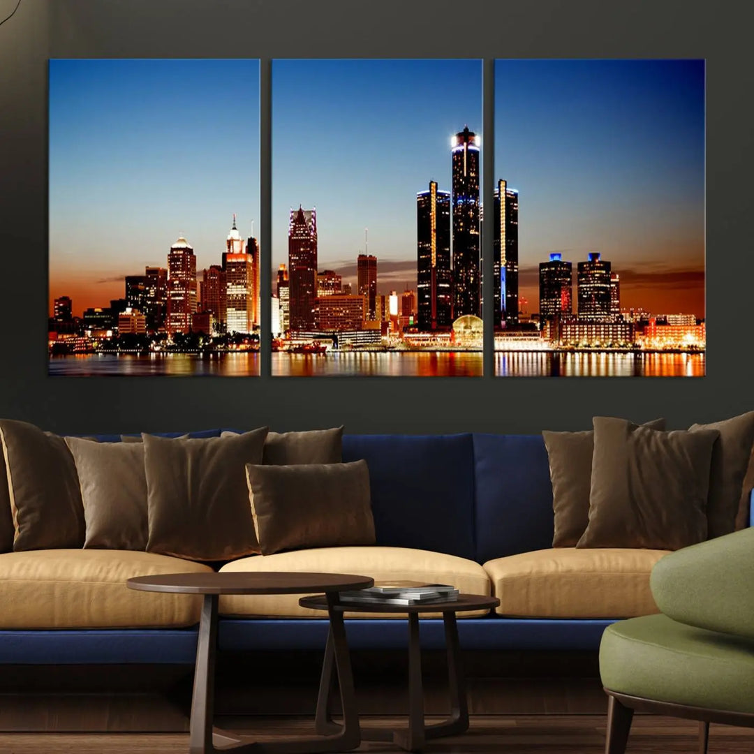 The "Detroit City Lights Sunset Skyline Cityscape View Wall Art Canvas Print," a museum-quality piece with a UV-protective coating, is displayed in this modern living room.