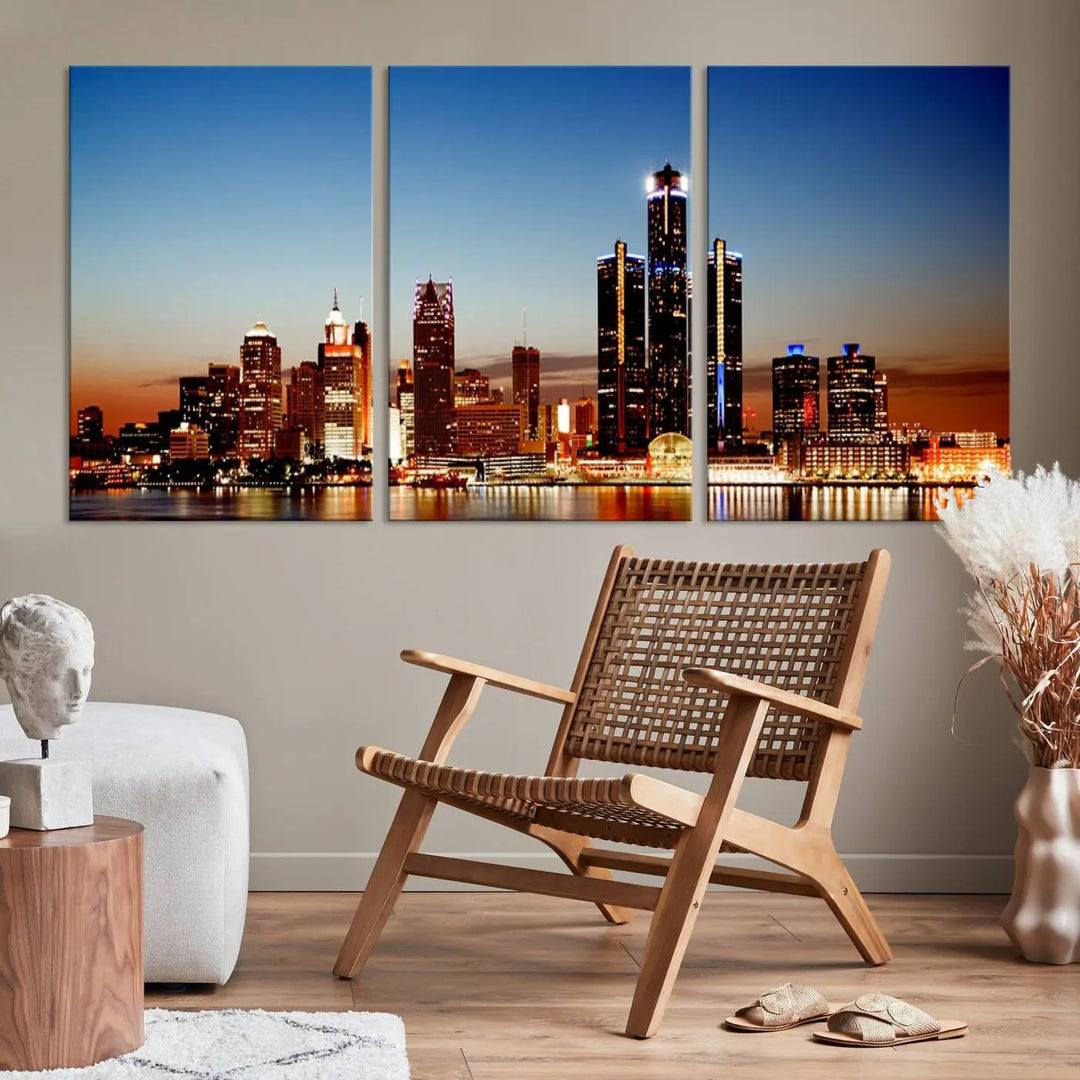 The "Detroit City Lights Sunset Skyline Cityscape View Wall Art Canvas Print," a museum-quality piece with a UV-protective coating, is displayed in this modern living room.