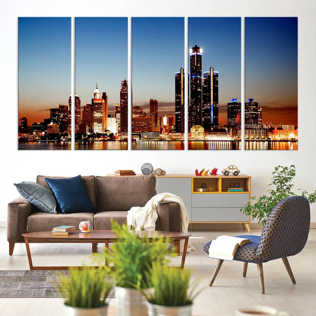 The "Detroit City Lights Sunset Skyline Cityscape View Wall Art Canvas Print," a museum-quality piece with a UV-protective coating, is displayed in this modern living room.