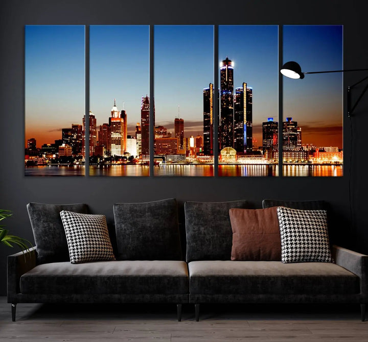 The "Detroit City Lights Sunset Skyline Cityscape View Wall Art Canvas Print," a museum-quality piece with a UV-protective coating, is displayed in this modern living room.