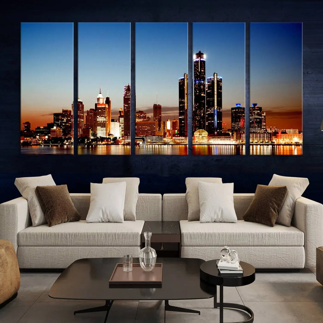 The "Detroit City Lights Sunset Skyline Cityscape View Wall Art Canvas Print," a museum-quality piece with a UV-protective coating, is displayed in this modern living room.