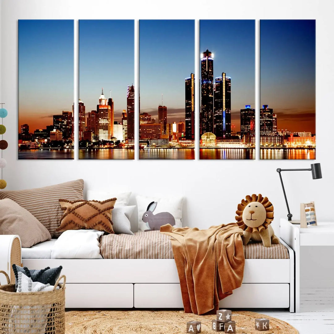 The "Detroit City Lights Sunset Skyline Cityscape View Wall Art Canvas Print," a museum-quality piece with a UV-protective coating, is displayed in this modern living room.