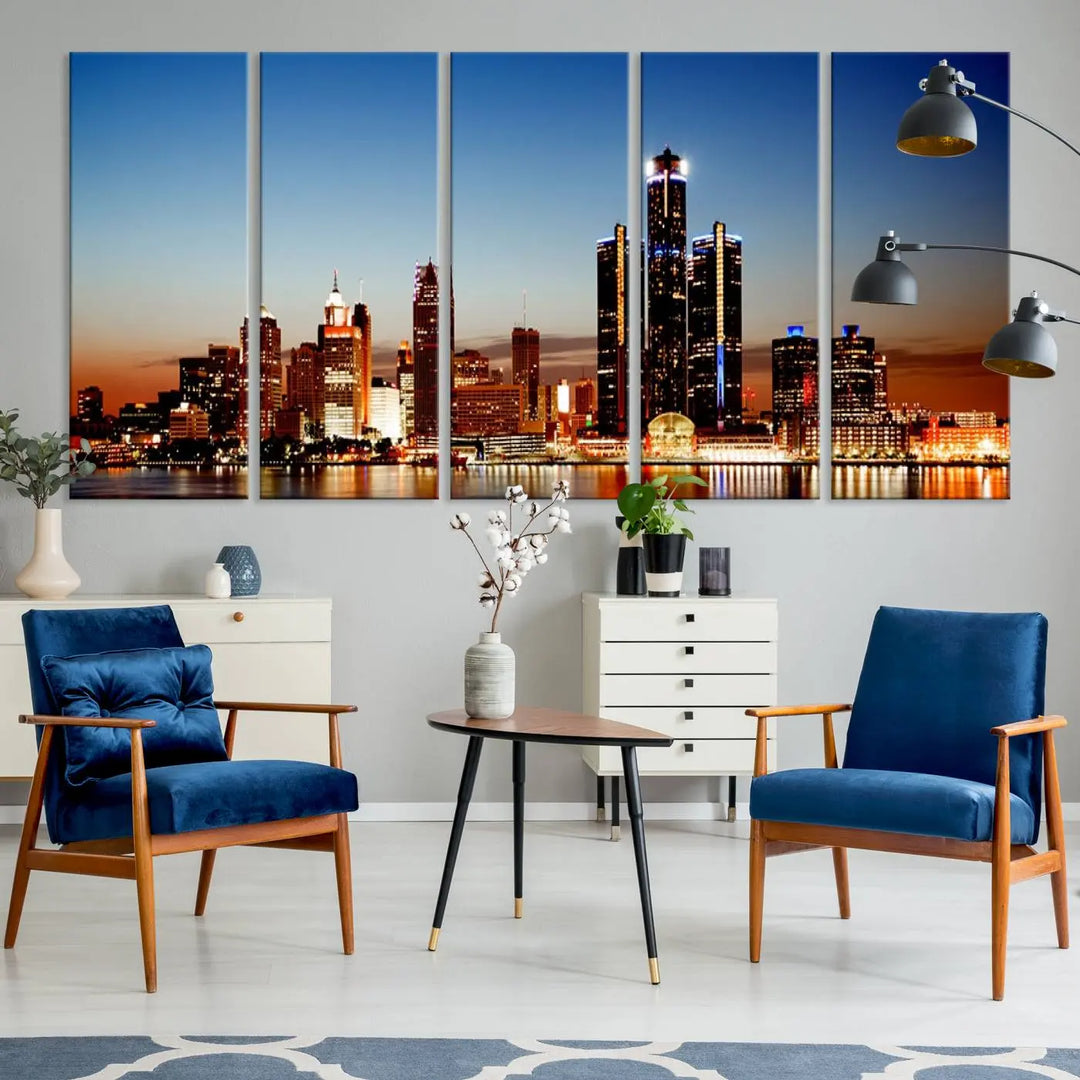 The "Detroit City Lights Sunset Skyline Cityscape View Wall Art Canvas Print," a museum-quality piece with a UV-protective coating, is displayed in this modern living room.