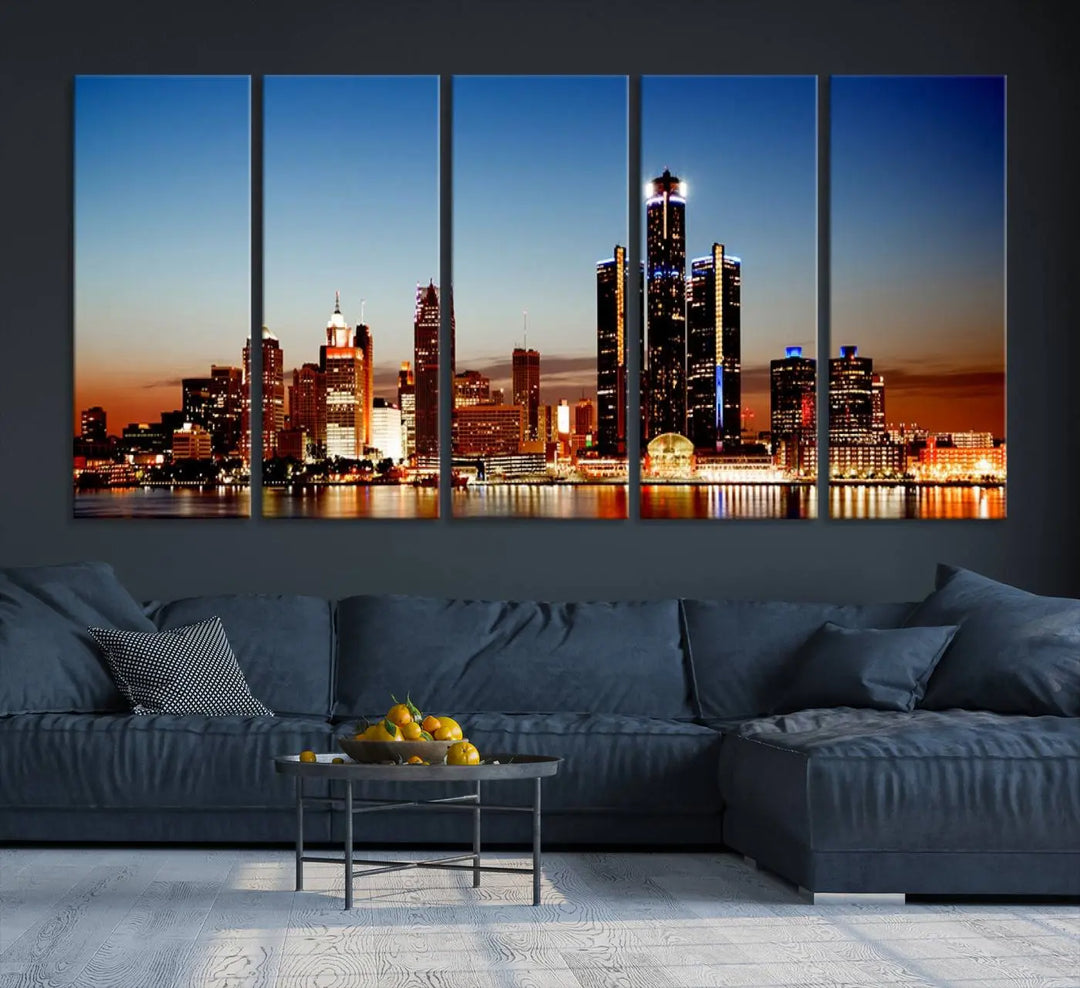 The "Detroit City Lights Sunset Skyline Cityscape View Wall Art Canvas Print," a museum-quality piece with a UV-protective coating, is displayed in this modern living room.