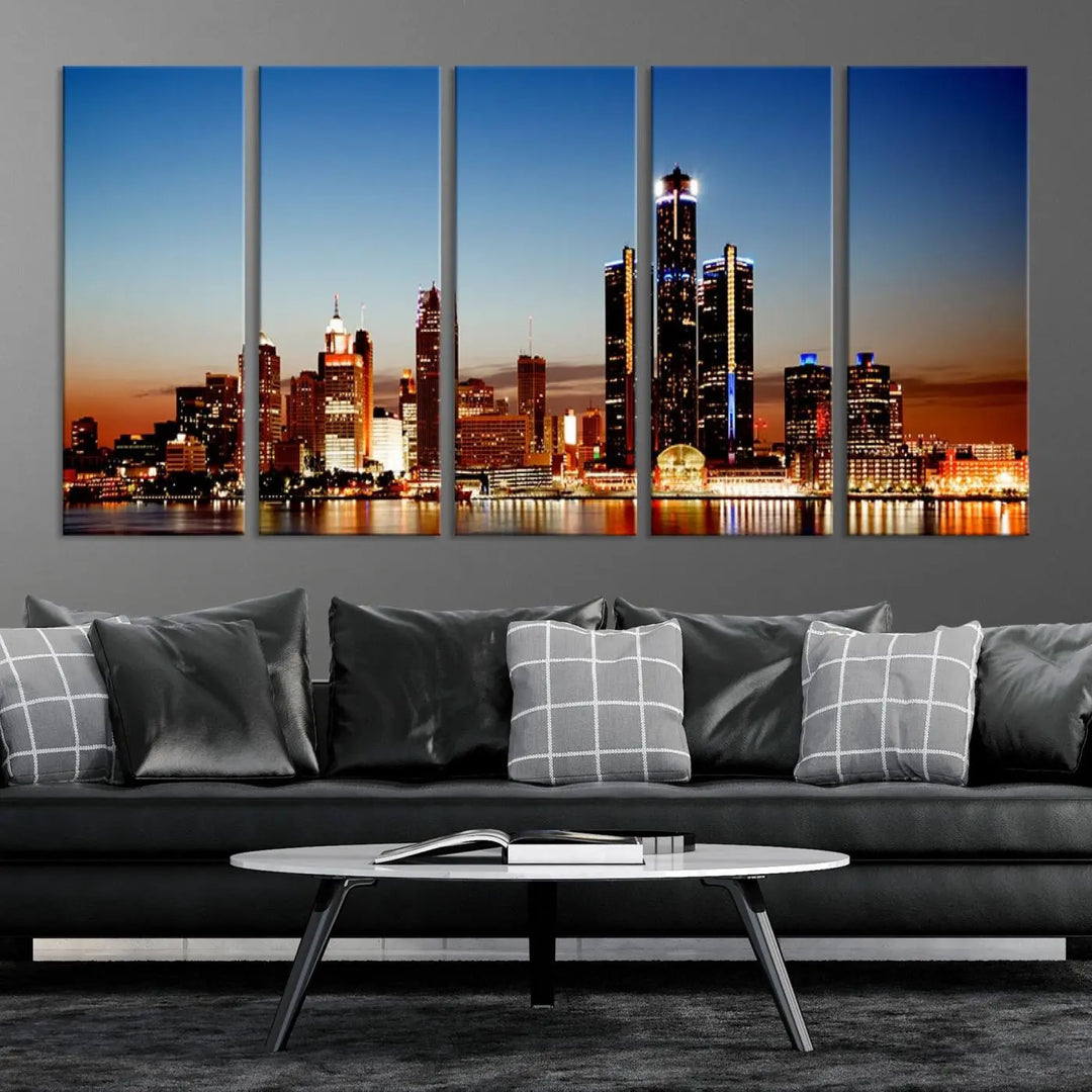 The "Detroit City Lights Sunset Skyline Cityscape View Wall Art Canvas Print," a museum-quality piece with a UV-protective coating, is displayed in this modern living room.