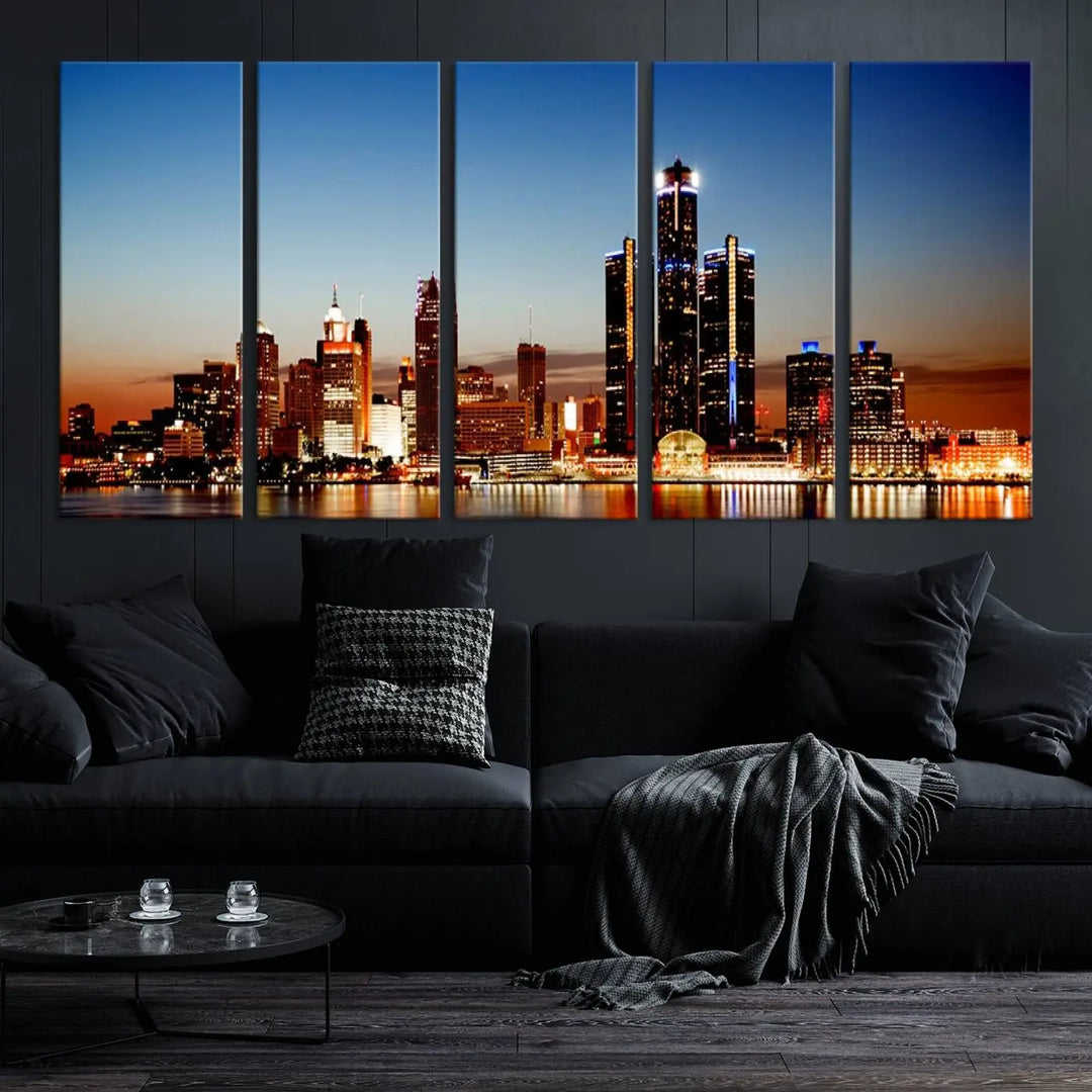 The "Detroit City Lights Sunset Skyline Cityscape View Wall Art Canvas Print," a museum-quality piece with a UV-protective coating, is displayed in this modern living room.