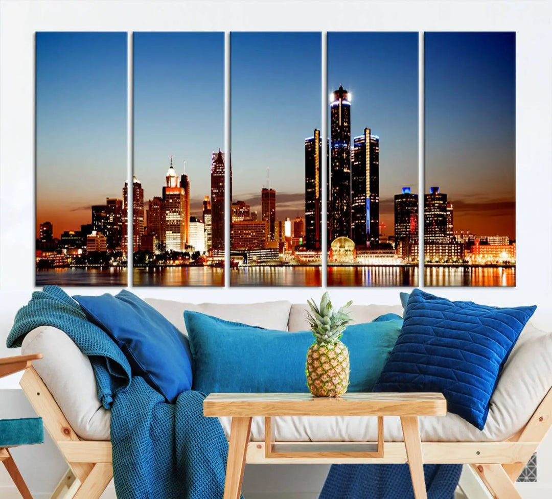 The "Detroit City Lights Sunset Skyline Cityscape View Wall Art Canvas Print," a museum-quality piece with a UV-protective coating, is displayed in this modern living room.