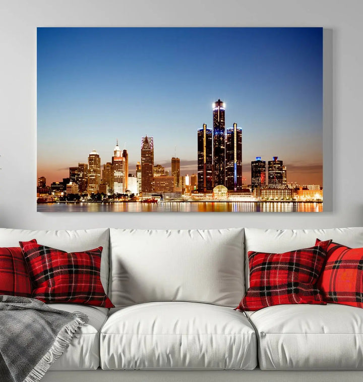 The Detroit City Lights Sunset Skyline Cityscape View Wall Art Canvas Print is displayed as a triptych. This artwork is printed on museum-quality canvas with a UV-protective coating and includes free shipping.