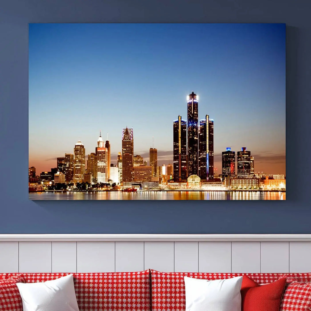 The Detroit City Lights Sunset Skyline Cityscape View Wall Art Canvas Print is displayed as a triptych. This artwork is printed on museum-quality canvas with a UV-protective coating and includes free shipping.