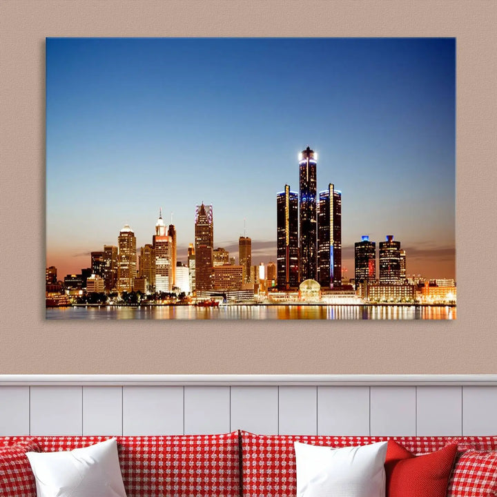 The Detroit City Lights Sunset Skyline Cityscape View Wall Art Canvas Print is displayed as a triptych. This artwork is printed on museum-quality canvas with a UV-protective coating and includes free shipping.