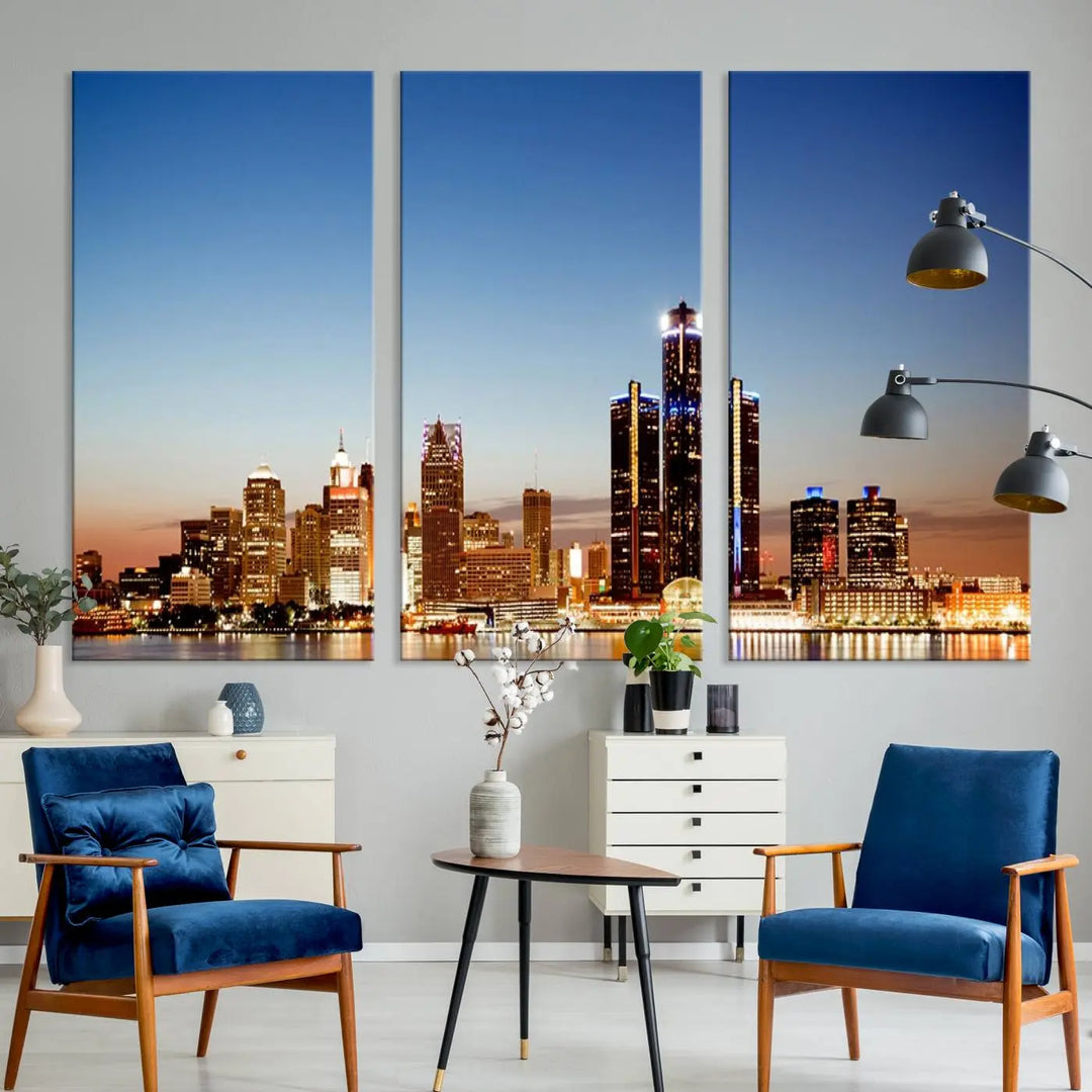 The Detroit City Lights Sunset Skyline Cityscape View Wall Art Canvas Print is displayed as a triptych. This artwork is printed on museum-quality canvas with a UV-protective coating and includes free shipping.