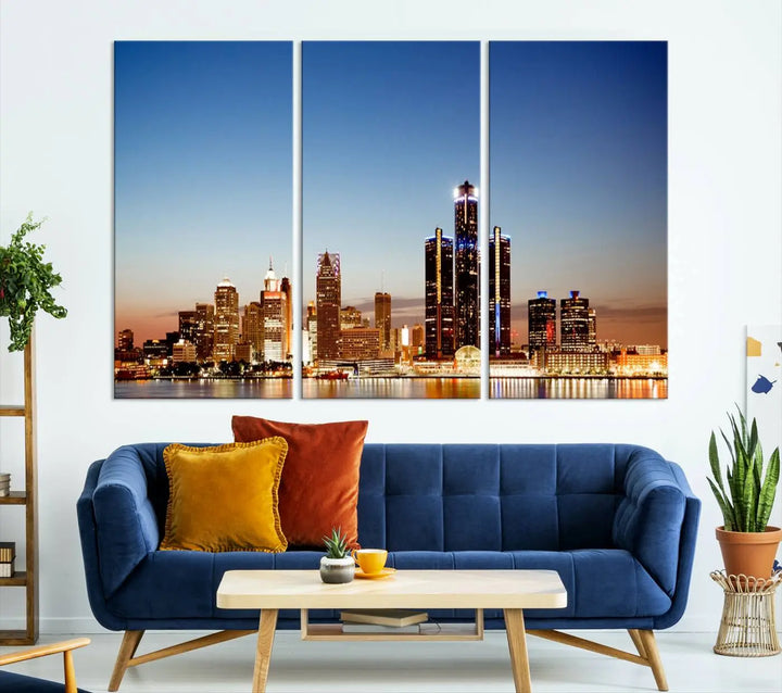 The Detroit City Lights Sunset Skyline Cityscape View Wall Art Canvas Print is displayed as a triptych. This artwork is printed on museum-quality canvas with a UV-protective coating and includes free shipping.