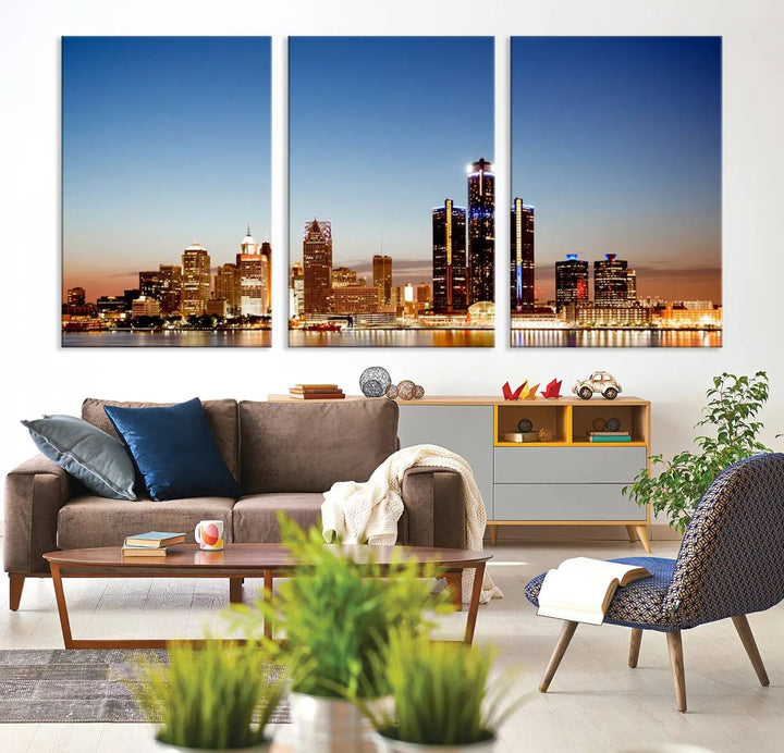 The Detroit City Lights Sunset Skyline Cityscape View Wall Art Canvas Print is displayed as a triptych. This artwork is printed on museum-quality canvas with a UV-protective coating and includes free shipping.