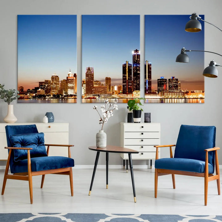 The Detroit City Lights Sunset Skyline Cityscape View Wall Art Canvas Print is displayed as a triptych. This artwork is printed on museum-quality canvas with a UV-protective coating and includes free shipping.