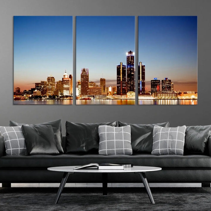 The Detroit City Lights Sunset Skyline Cityscape View Wall Art Canvas Print is displayed as a triptych. This artwork is printed on museum-quality canvas with a UV-protective coating and includes free shipping.