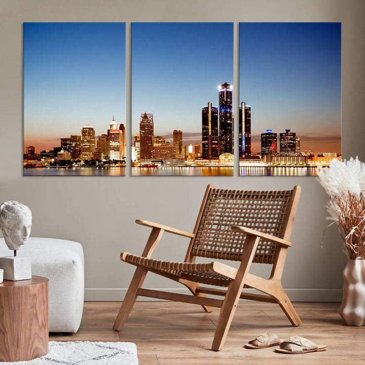 The Detroit City Lights Sunset Skyline Cityscape View Wall Art Canvas Print is displayed as a triptych. This artwork is printed on museum-quality canvas with a UV-protective coating and includes free shipping.