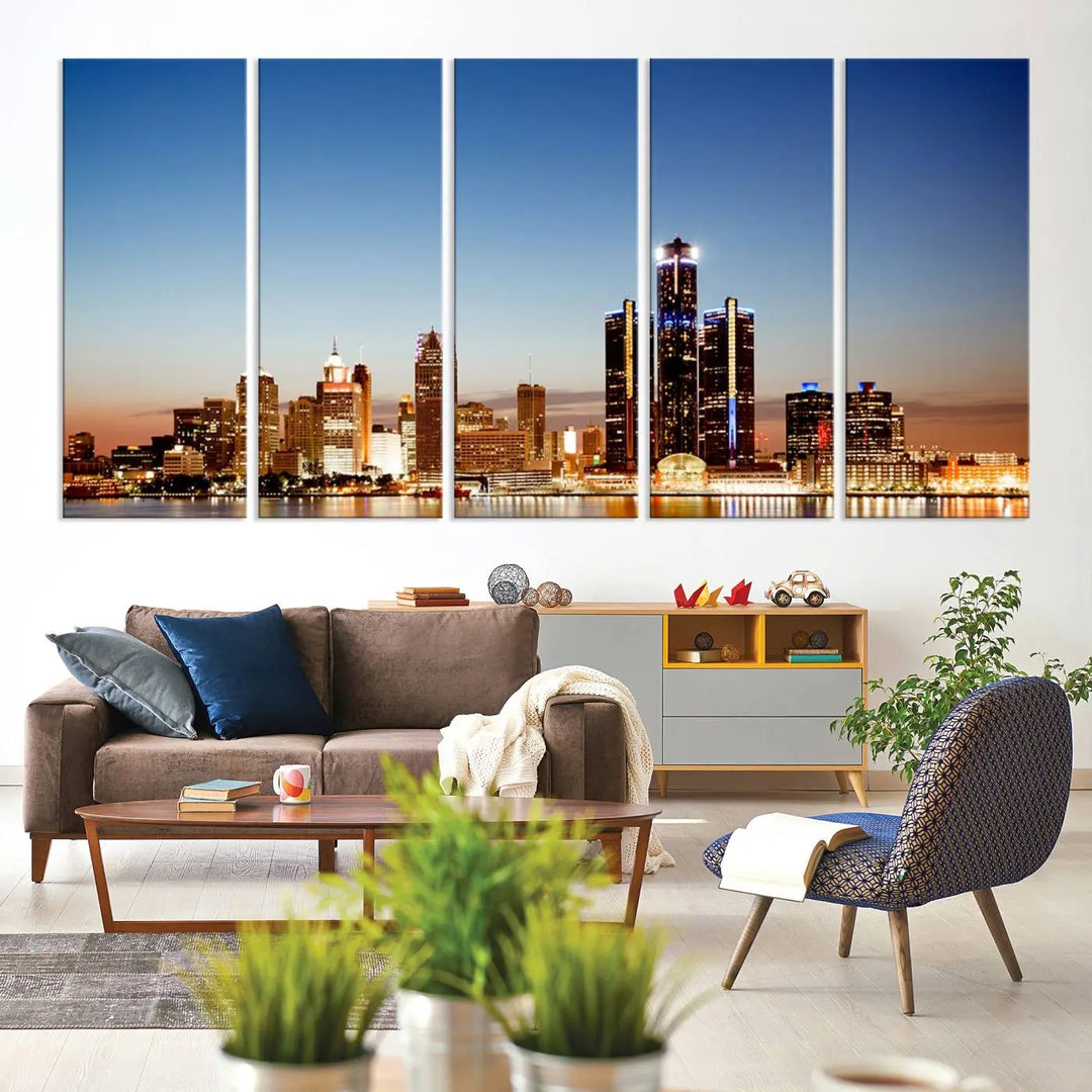 The Detroit City Lights Sunset Skyline Cityscape View Wall Art Canvas Print is displayed as a triptych. This artwork is printed on museum-quality canvas with a UV-protective coating and includes free shipping.