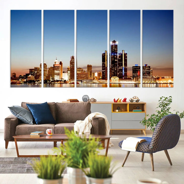 The Detroit City Lights Sunset Skyline Cityscape View Wall Art Canvas Print is displayed as a triptych. This artwork is printed on museum-quality canvas with a UV-protective coating and includes free shipping.