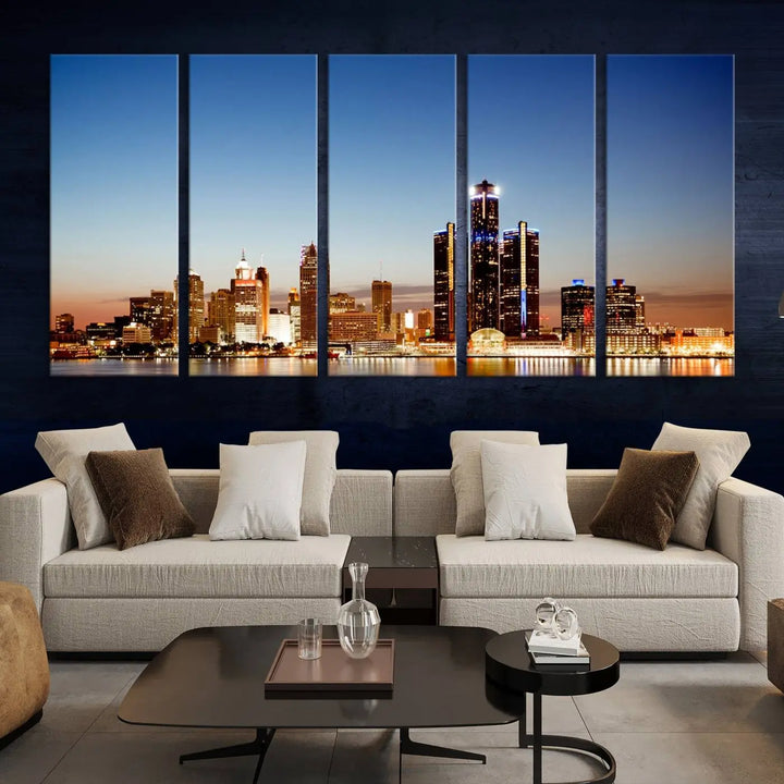 The Detroit City Lights Sunset Skyline Cityscape View Wall Art Canvas Print is displayed as a triptych. This artwork is printed on museum-quality canvas with a UV-protective coating and includes free shipping.