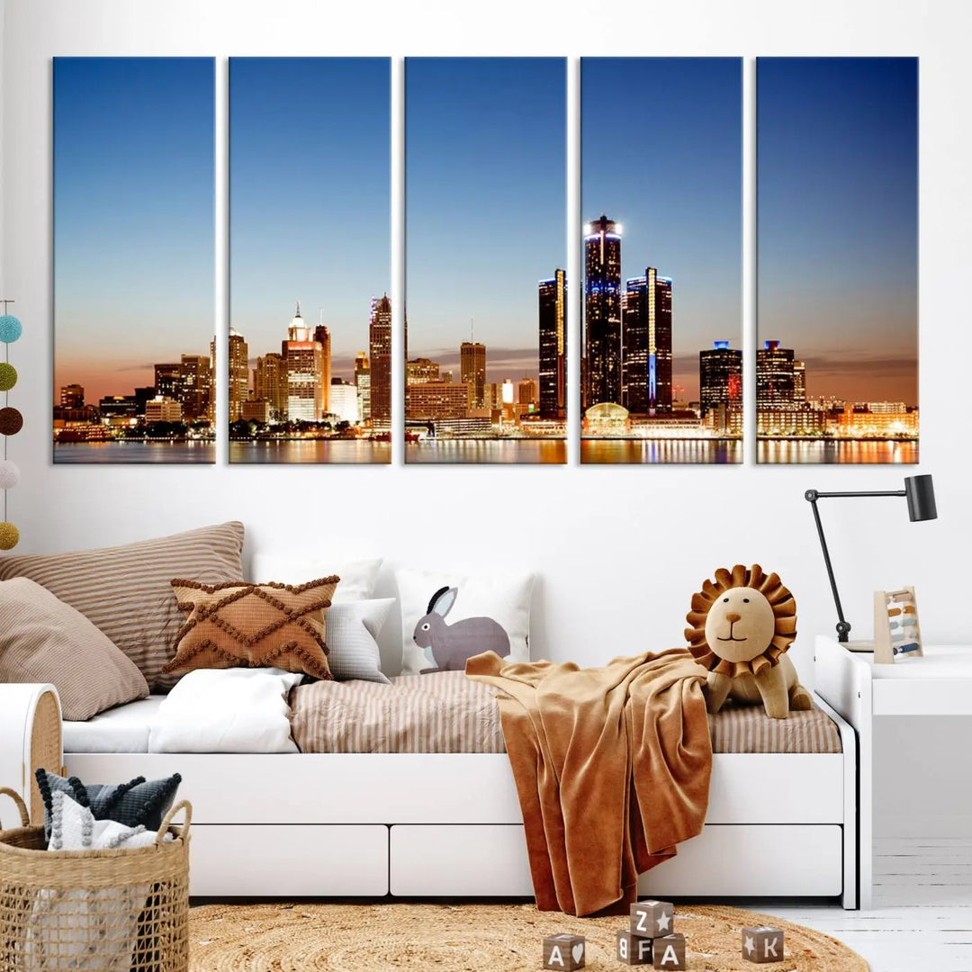 The Detroit City Lights Sunset Skyline Cityscape View Wall Art Canvas Print is displayed as a triptych. This artwork is printed on museum-quality canvas with a UV-protective coating and includes free shipping.