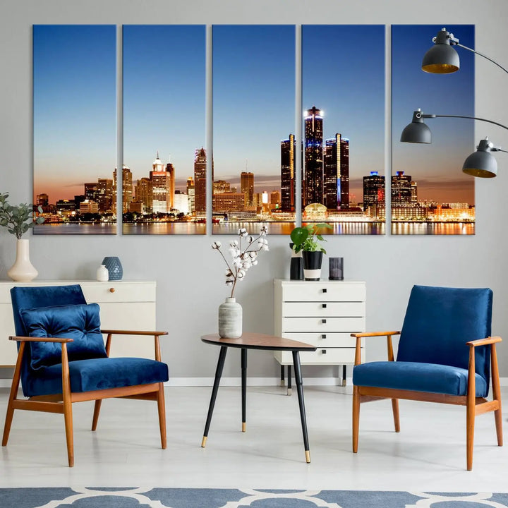 The Detroit City Lights Sunset Skyline Cityscape View Wall Art Canvas Print is displayed as a triptych. This artwork is printed on museum-quality canvas with a UV-protective coating and includes free shipping.