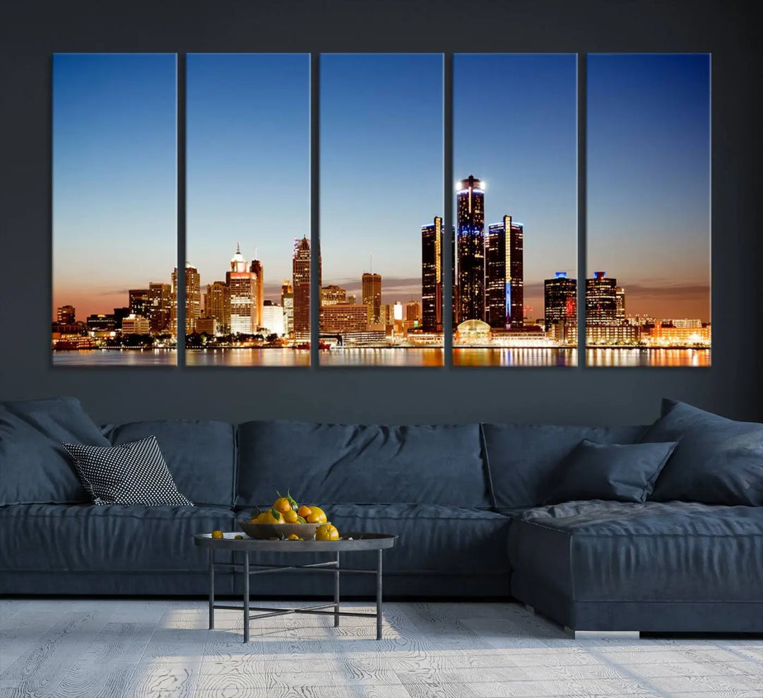 The Detroit City Lights Sunset Skyline Cityscape View Wall Art Canvas Print is displayed as a triptych. This artwork is printed on museum-quality canvas with a UV-protective coating and includes free shipping.