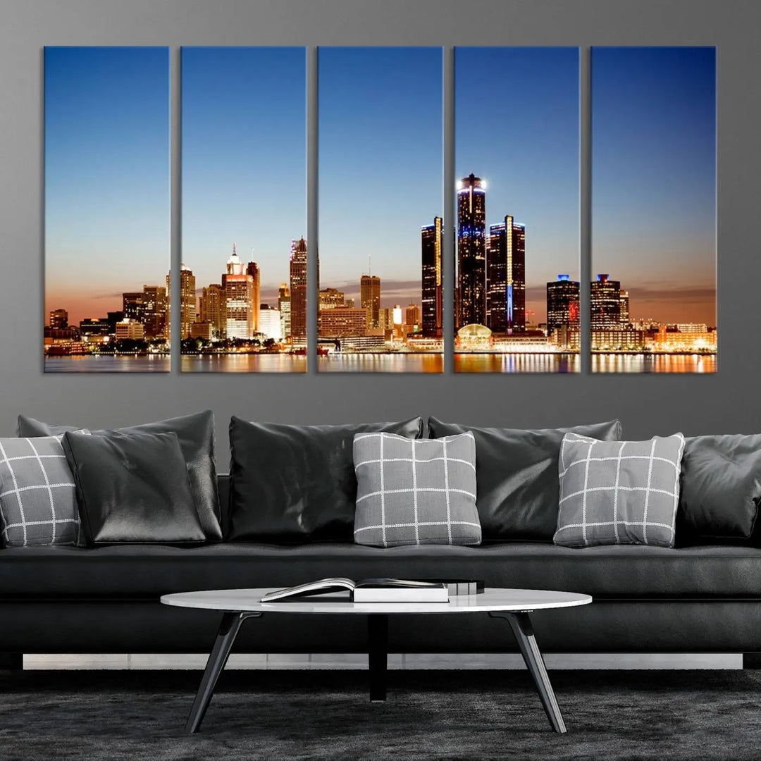 The Detroit City Lights Sunset Skyline Cityscape View Wall Art Canvas Print is displayed as a triptych. This artwork is printed on museum-quality canvas with a UV-protective coating and includes free shipping.